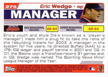 2004 Topps #275 Eric Wedge Back