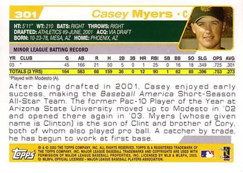 2004 Topps #301 Casey Myers Back