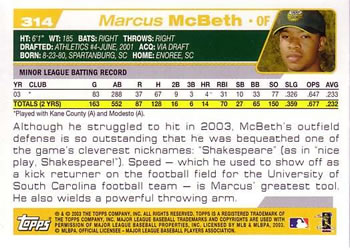 2004 Topps #314 Marcus McBeth Back