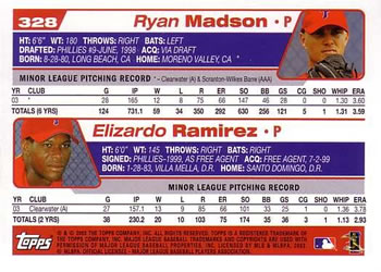 2004 Topps #328 2004 Philadelphia Phillies Future Stars (Ryan Madson / Elizardo Ramirez) Back