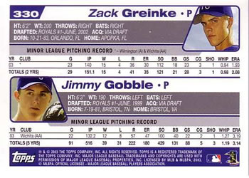 2004 Topps #330 2004 Kansas City Royals Future Stars (Zack Greinke / Jimmy Gobble) Back
