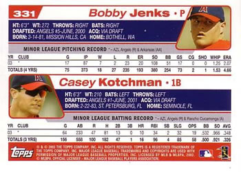 2004 Topps #331 2004 Anaheim Angels Future Stars (Bobby Jenks / Casey Kotchman) Back