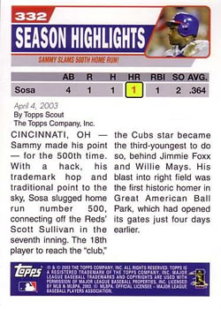 2004 Topps #332 Sammy Slams 500th Home Run Back