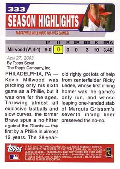 2004 Topps #333 Masterful Millwood No-Hits Giants Back