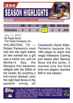 2004 Topps #334 Palmeiro Joins 500-HR Club Back