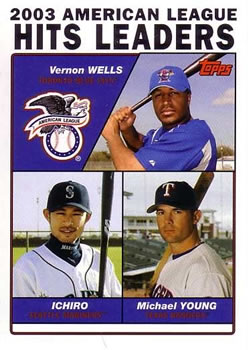 2004 Topps #338 2003 American League Hits Leaders (Vernon Wells / Ichiro / Michael Young) Front