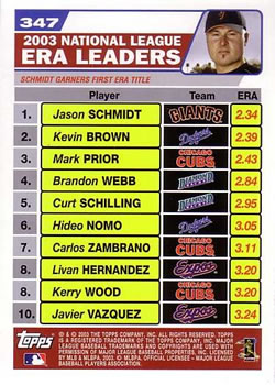 2004 Topps #347 2003 National League ERA Leaders (Jason Schmidt / Kevin Brown / Mark Prior) Back