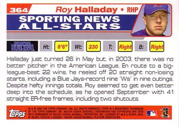 2004 Topps #364 Roy Halladay Back