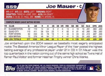 2004 Topps #559 Joe Mauer Back