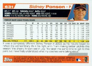 2004 Topps #631 Sidney Ponson Back