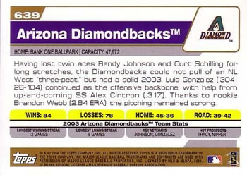 2004 Topps #639 Arizona Diamondbacks Back