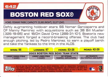 2004 Topps #642 Boston Red Sox Back
