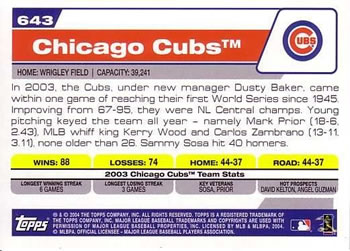 2004 Topps #643 Chicago Cubs Back