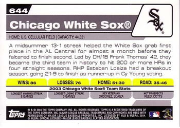 2004 Topps #644 Chicago White Sox Back