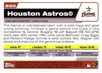 2004 Topps #650 Houston Astros Back