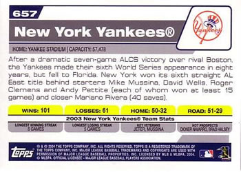 2004 Topps #657 New York Yankees Back