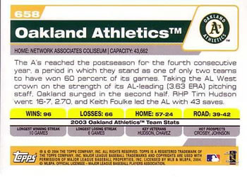 2004 Topps #658 Oakland Athletics Back