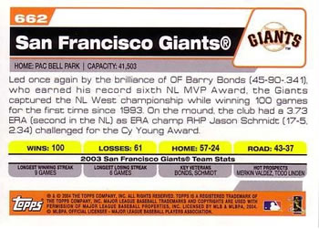 2004 Topps #662 San Francisco Giants Back