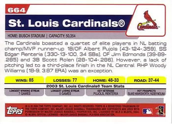 2004 Topps #664 St. Louis Cardinals Back