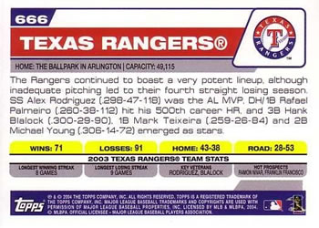 2004 Topps #666 Texas Rangers Back