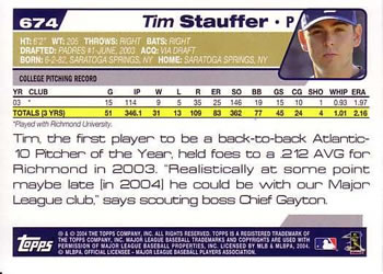 2004 Topps #674 Tim Stauffer Back