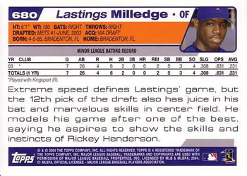 2004 Topps #680 Lastings Milledge Back