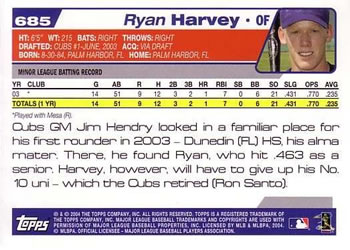 2004 Topps #685 Ryan Harvey Back