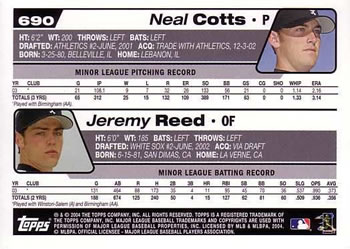 2004 Topps #690 2004 Chicago White Sox Prospects (Neal Cotts / Jeremy Reed) Back