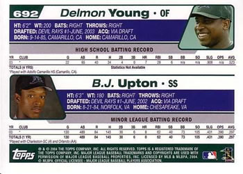 2004 Topps #692 2004 Tampa Bay Devil Rays Prospects (Delmon Young / B.J. Upton) Back