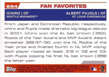 2004 Topps #694 Fan Favorites (Ichiro / Albert Pujols) Back