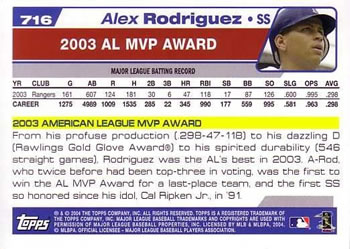 2004 Topps #716 Alex Rodriguez Back