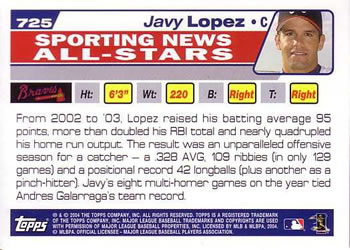 2004 Topps #725 Javy Lopez Back