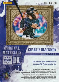 2018 Panini Diamond Kings - DK Originals Materials Holo Silver #OM-CB Charlie Blackmon Back