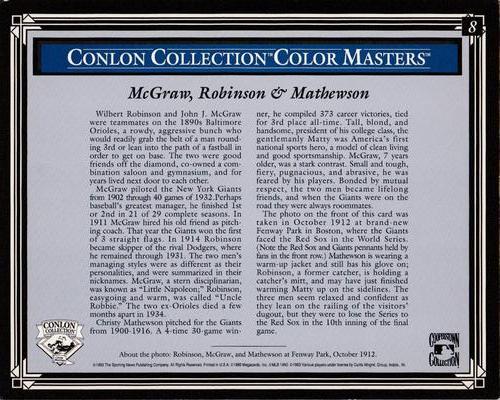 1993 Conlon Collection Color Masters #8 John McGraw / Wilbert Robinson / Christy Mathewson Back