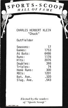 1973 TCMA Sports Scoop Hall of Fame #NNO Chuck Klein Back