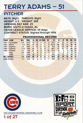 1996 Gatorade Chicago Cubs #1 Terry Adams Back