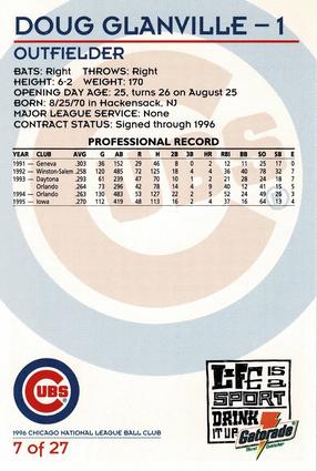 1996 Gatorade Chicago Cubs #7 Doug Glanville Back