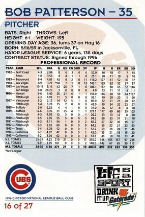 1996 Gatorade Chicago Cubs #16 Bob Patterson Back