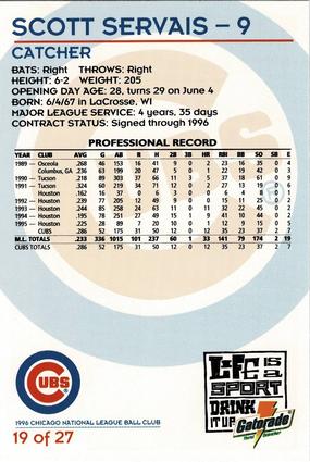 1996 Gatorade Chicago Cubs #19 Scott Servais Back