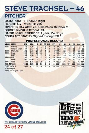 1996 Gatorade Chicago Cubs #24 Steve Trachsel Back