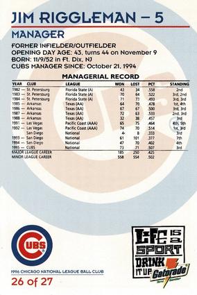 1996 Gatorade Chicago Cubs #26 Jim Riggleman Back