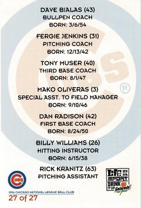 1996 Gatorade Chicago Cubs #27 Dave Bialas / Rick Kranitz / Fergie Jenkins / Mako Oliveras / Tony Muser / Dan Radison / Billy Williams Back