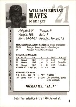 1991 Peoria Chiefs #1 Bill Hayes Back