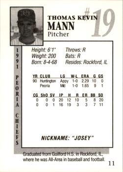 1991 Peoria Chiefs #11 Tom Mann Back