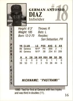 1991 Peoria Chiefs #16 German Diaz Back