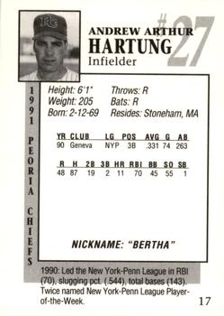 1991 Peoria Chiefs #17 Andy Hartung Back