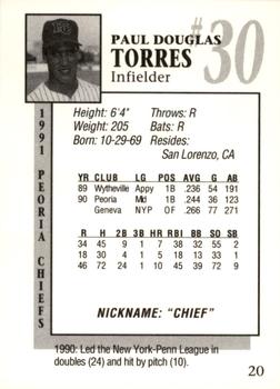 1991 Peoria Chiefs #20 Paul Torres Back
