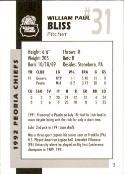 1992 Peoria Chiefs #2 Bill Bliss Back