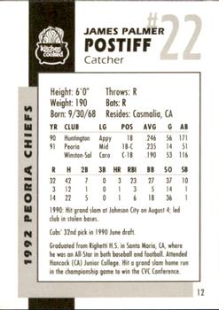 1992 Peoria Chiefs #12 J.P. Postiff Back