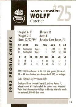 1992 Peoria Chiefs #13 Jim Wolff Back